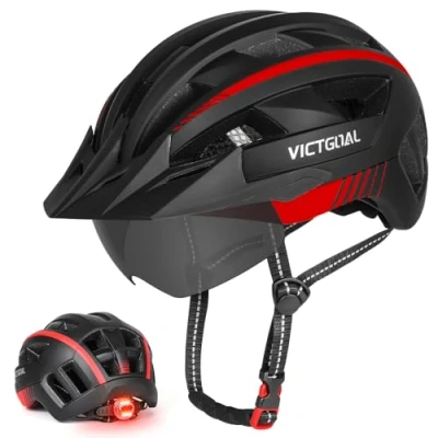 Image of Victgoal Bike Helmet for Men Women with Led Light Detachable Magnetic Goggles Visor Mountain &amp; Road Bicycle Helmets Adjustable Size Adult Cycling (M: 21.3 22.8 inch (54 58 cm), Black Red)