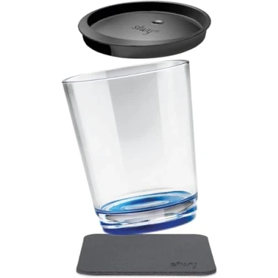 Image of silwy magnetic drinkware non slip, shatter proof plastic cup with an integrated magnet, a metallic coaster and lid for camping, boating, children Made in Germany Lui Blue