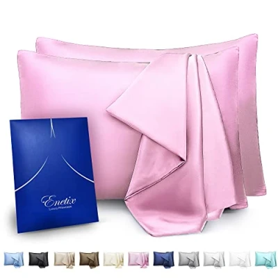 Image of Enetix Silk Satin Pillowcase for Hair and Skin, 2 Pack with Gift Package, Acne Free Hidden Zipper Pillow Cover (Standard (50 x 75cm), Rose)
