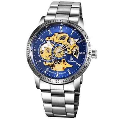 Image of Alienwork IK Automatic Watch Men Women Silver Stainless Steel Metal Strap Blue Skeleton