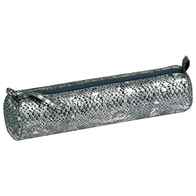 Image of Clairefontaine Ref 410105C Céleste&#039; Leather Round Pencil Case 22cm x 5.5cm, Made From Genuine Lambskin Leather, Metal Zip With Puller Laser Green &amp; Silver