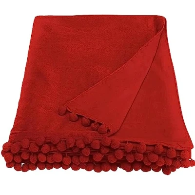 Image of Ragged Rose 140 cm x 180 Throw Blanket Pom Made of Cotton Velvet with Pompom Trims on Sides Versatile for Sofa &amp; Bed