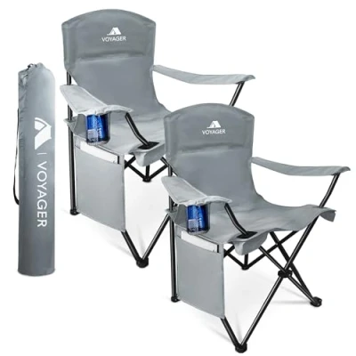 Image of Voyager Folding Camping Chair 2 Pack, Lightweight with Pocket and Drinks Holder, Holds up to 120kg Each, Easy Transport, Foldable Outdoor Set Dark Grey