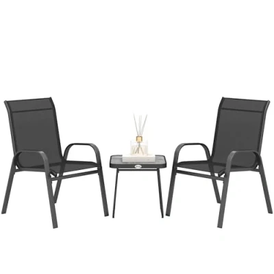 Image of Outsunny 3 Pieces Outdoor Bistro Set, Patio Stackable Armchairs with Breathable Mesh Fabric and SPC Board Coffee Table, Black