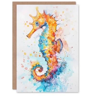 Image of Artery8 Cute Colourful Seahorse Bright Watercolour Greeting Birthday Card Him Her All Blank