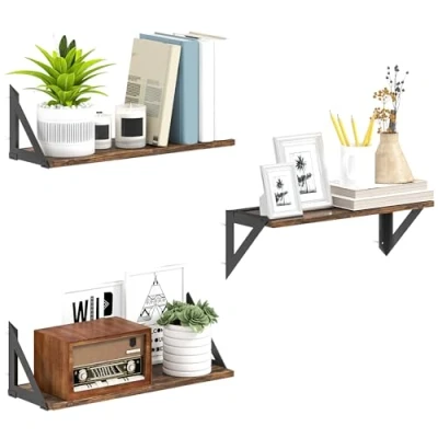 Image of HOMCOM Set of 3 Wall Mounted Floating Shelves, Vintage Shelves for Living Room, Entryway, Bedroom, Rustic Brown