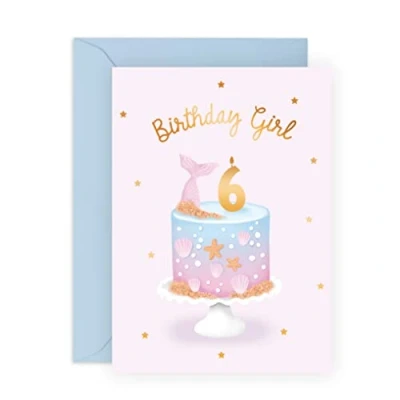 Image of Central 23 Sixth Birthday Card for Girls Happy 6th Age 6 Six Year Old Cute Pastel Pink Blue Mermaid Shells Kids Daughter Granddaughter Comes With Fun Stickers