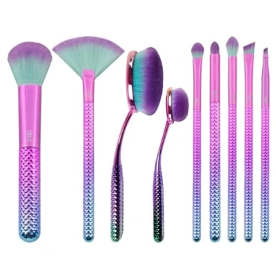 Image of Moda Royal &amp; Langnickel Full Size Prismatic Deluxe Gift 10pc Makeup Brush Set Pouch, Foundation, Contour, Powder, Fan,Eye Shader, Smoky Eye, Crease, Brow, Angle Eyeliner Brushes, Pink Teal Ombre