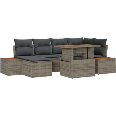 Image of vidaXL 7 Piece Garden Dining Set with Cushions Grey Poly Rattan Acacia