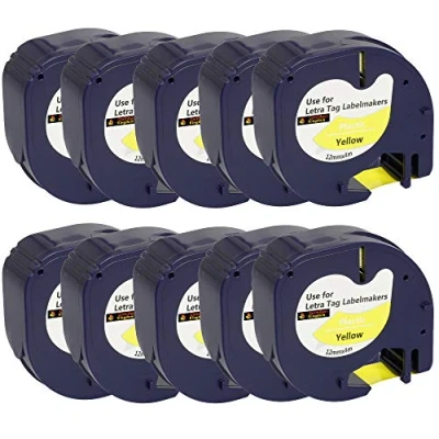 Image of Cartridges Kingdom 10 Compatible 91202 S0721620 12mm x 4m Black on Yellow Plastic Label Tapes for DYMO LetraTag Printers