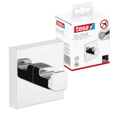 Image of tesa DELUXXE Towel Hook Self Adhesive Wall in Stainless Steel Design Mounted Hand Waterproof, incl. Power.Kit Solution 39 mm x 50