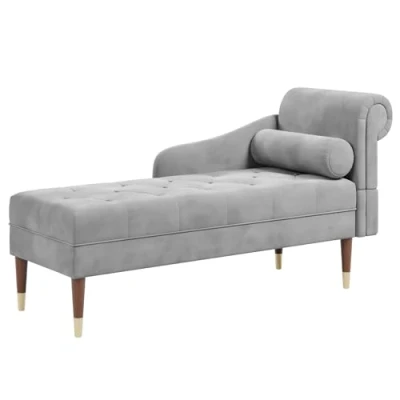 Image of Vesgantti Velvet Chaise Longue Indoor, Lounge Sofa with Right Armrest and Lumbar Pillow, Upholstered for Living Room Bedroom Office, Tool free Assembly(Grey)