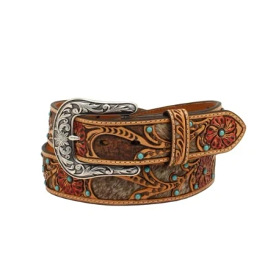 Image of ARIAT Ladies Calf Hair Underlay Red Flower Belt, Tan, Large, L