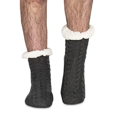 Image of Polar Mens Slipper Socks Soft Fleece Lined With Sole Grips Gift Packaging Snuggly Present For Him Insulated Warm Fluffy Sherpa Lining Thick Thermal House D.Grey UK8/9