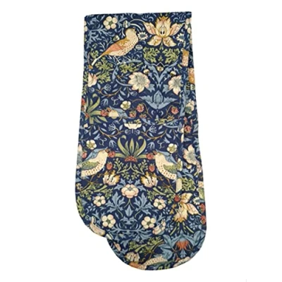 Image of Jansons Direct Linens Strawberry Thief Navy Design Quilted Double Oven Glove 100% William Morris Gallery
