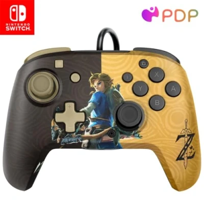 Image of PDP Gaming Faceoff Deluxe+ Wired Switch Pro Controller Zelda Breath of the Wild Link Gold / Black Official Licensed Nintendo Customizable buttons and paddles Ergonomic Controllers