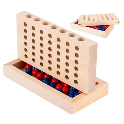 Image of Engelhart 340925 Four in a Row Wooden Travel Game Compact Strategy for Ages 6 and Up