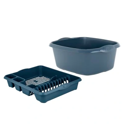 Image of M1SS Combo of 39cm Rectangular Washing up Bowl with Large Dish Drainer Plate Rack Draining Board Tray Stand Sink Holder Kitchen Organiser (Navy)