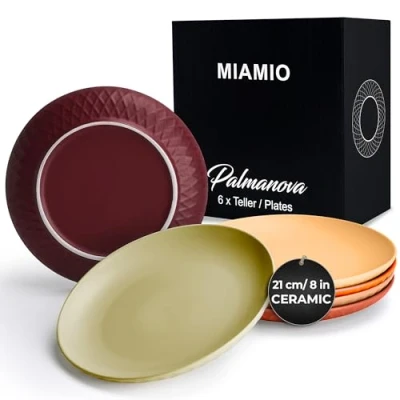 Image of MIAMIO Plates Set of 6 / Modern Plate Made Ceramic/Stoneware Palmanova Collection (21 cm, Magma Red)