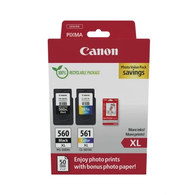 Image of Canon Ink &amp; Paper Multipack PG 560XL/CL 561XL Genuine Printer Cartridges 2 Pack (1 x Black XL, 1 Colour XL) 4x6 Photo (50 Sheets)