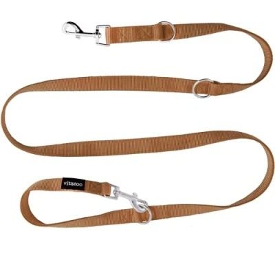 Image of vitazoo dog leash in brown, solid and adjustable 4 lengths suitable for large strong dogs leash, double total length 2m