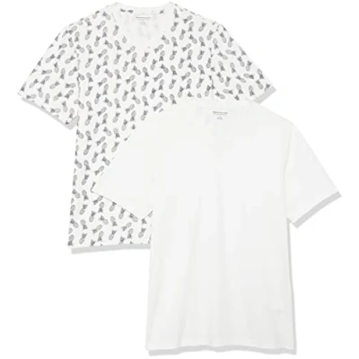 Image of Amazon Essentials Men&#039;s T Shirt Slim Fit Short Sleeved V Neck, Pack of 2, White/Pineapple Print, S