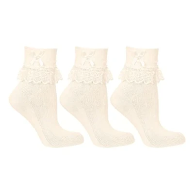 Image of undercover lingerie 3 Pairs Girls Jester Frilly Lace Bow Ankle Socks Ivory 0 2.5