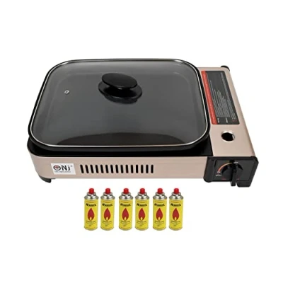 Image of NJ Portable Camping Gas Grill BBQ with Lid Butane Outdoor Stove (Gas + 6 Canisters)