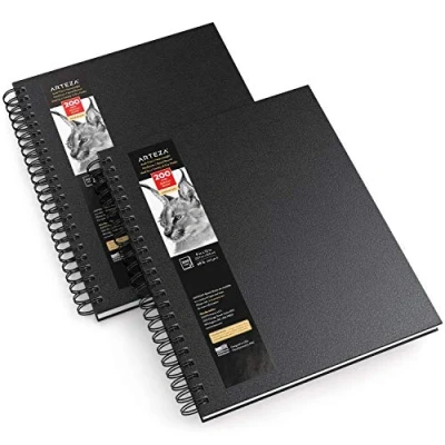 Image of Arteza Sketch Book, 22.9. x 30.5 cm, 2 Pack, Black Drawing Pads, 200 Sheets Total, 100 GSM, Hardcover Sketchbook, Spiral Bound, Use with Pencils, Charcoal, Pens, Crayons &amp; Other Dry Media