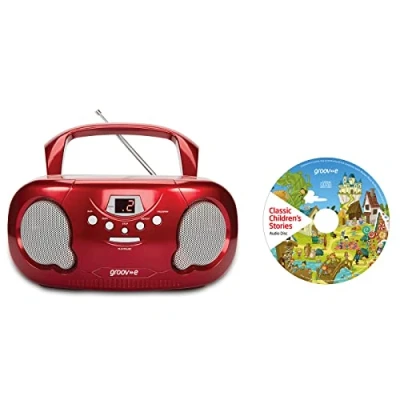 Image of groov e Orginal Boombox &amp; Kids Story CD Bundle Portable Player with Radio, 3.5mm Aux Port, Headphone Socket Features 10 Classic Children&#039;s Stories Battery or Mains Powered Red