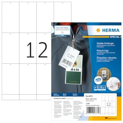 Image of HERMA Printable Tags, 12 Pieces Labels per A4 Sheet, 100 Sheets, 52.5 x 93.5 mm, 1200 Pieces, Blank Rectangle Price Perforated Jewellery Hang Tags for Laser &amp; Inkjet Printer, White