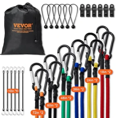 Image of VEVOR 30 Piece Bungee Cords Assortment, 8 mm Heavy Duty Straps with A3 Steel Carabiners, Includes 10&quot;, 18&quot;, 24&quot;, 36&quot;, 48&quot;, 60&quot;, 72&quot;, Portable Storage Bag, 6 Clips &amp; Canopy Ties