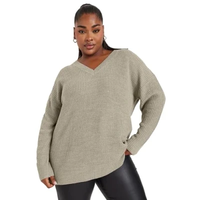 Image of Yours Curve Beige V Neck Knitted Jumper Women&#039;s Plus Size