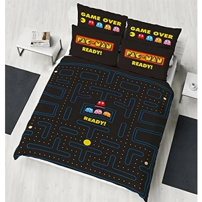Image of Pac Man Double Duvet Cover Pacman Maze Design Officially Licensed Reversible Bedding set with matching Pillowcase