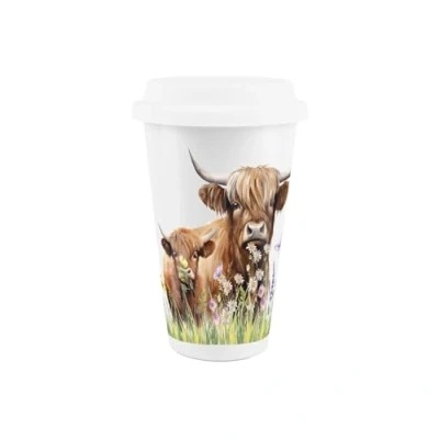 Image of Highland Cow Ceramic Travel Mug Mum &amp; Calf Reusable Silicone Lid Double Walled Insulated Hot/Cold Drinks Tea Coffee Gift