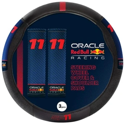 Image of Red Bull Racing Steering Wheel Cover Universal Fit, Perforated Leather with Cloth Grips, Sporty Design, Protects &amp; Enhances Your Vehicle’s Style (RBSWCK002SPBR)