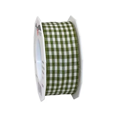 Image of Präsent Vichy Wired Ribbon Olive Cream 40 mm Width, 20 m Length