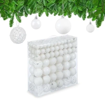 Image of Relaxdays Christmas Baubles Set of 150, Glittering, Matt &amp; Shiny Surfaces, Tree Ornaments, Plastic, ∅ 3, 4 6 cm, White, 100%, 7 x cm
