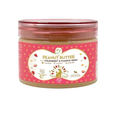Image of Pawfect Peanut Butter with Strawberry &amp; Pumpkin Seeds 100% Natural No Xylitol, Palm Oil, Salt or Sugar Expertly formulated for dogs Topper lick mats, toys, food (275g/9.70oz)