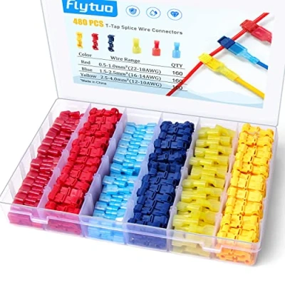 Image of Flytuo 480PCS T Tap Wire Connectors, Self Stripping Quick Splice Electrical Terminals, Insulated Male Disconnect Spade Terminals Assortment Kit