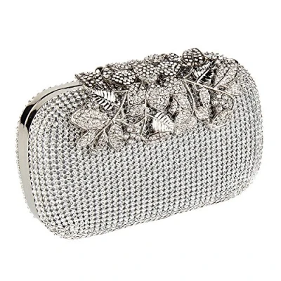 Image of Eleoption Diamante Crystal Diamond Evening Bag Unique Clasp Clutch Flower Rhinestone Purse Party Bridal Prom (Silver)