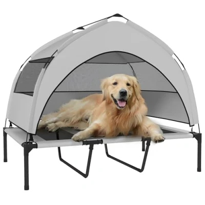 Image of PawHut Elevated Dog Bed with Removable Canopy, Portable Cooling Raised Pet Cot Breathable Mesh, Storage Bag, for Indoor Outdoor Use, Large Dogs, 106 x 76 94 cm, Light Grey