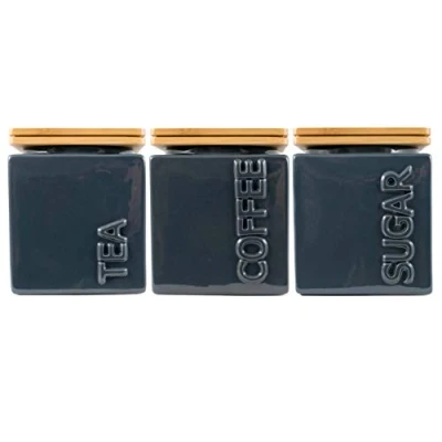 Image of Itucci Set of 3 Ceramic Nautical Tea Coffee Sugar Canisters, Jars, Set, Airtight, Wooden Rustic Lids