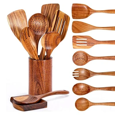 Image of Josenidny 9 PCS Wooden Spoons for Cooking, Utensils Cooking with Holder, Teak Kitchen Set