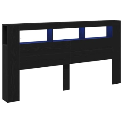 Image of vidaXL LED Headboard Black Oak, 200 cm, Engineered Wood, Modern Style for Bedroom with Storage and USB
