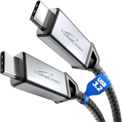 Image of KabelDirekt USB C Cable All purpose, 3.2 Gen 2, Metal Connectors + Braiding 2m (for Data/Video with 20Gbps, Fast Charging 240W, Universal Data/Charging/Monitor Cable, Black)