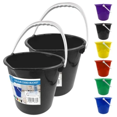 Image of Colour Coded Plastic Bucket with Handle, 2 Gallon (7.5L) Household Heavy Duty Spout and Easy Grip Multipurpose Water for Cleaning, Bath, Gardening (Black Pack of 2)