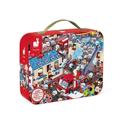 Image of Janod Extreme Firemen Round Observation Puzzle 208 Pieces Suitcase with Handle For children from the Age of 6, J02793