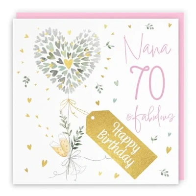 Image of Hunts England 70th Nana Contemporary Hearts Birthday Card Luxury Gold Foil Milo&#039;s Gallery Age 70 Champagne, Pretty For Fabulous Pink Envelope