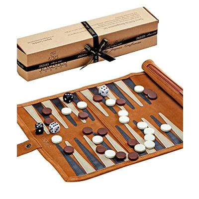 Image of Jaques of London Travel Backgammon Set Luxury Leather Board Game with Pieces Roll Up Since 1795